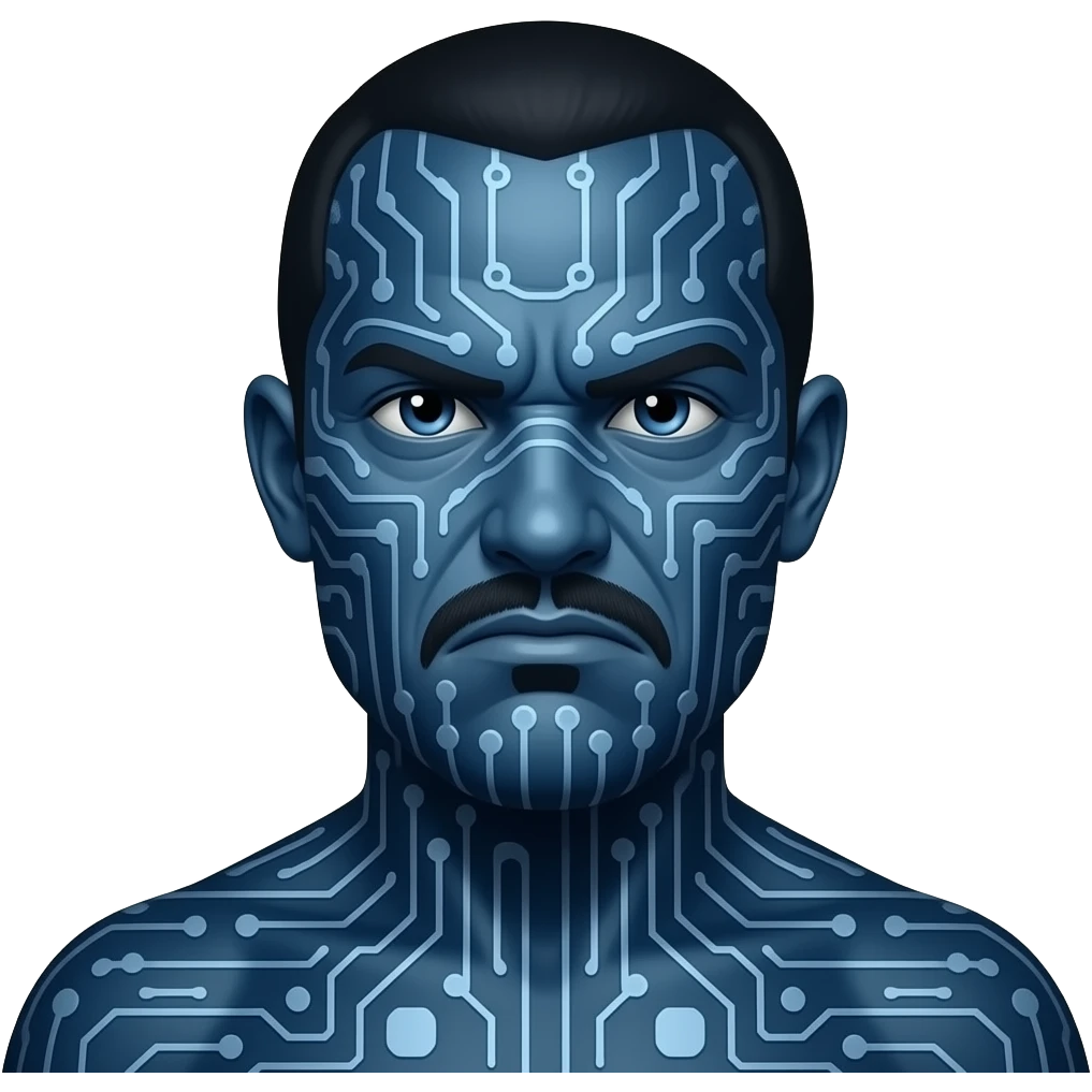 The image features a stylized prehistoric and frowning portrait of Blaze Bayley with dark blue skin covered in computer circuitry. emoji