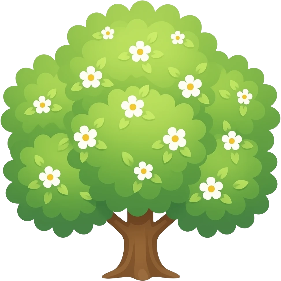 Apple-style blooming tree, round soft green canopy. No pot, no ground — only the tree. Small white and yellow flowers inside the leaves. Flat 2D vector, clean shapes, no gradients. emoji