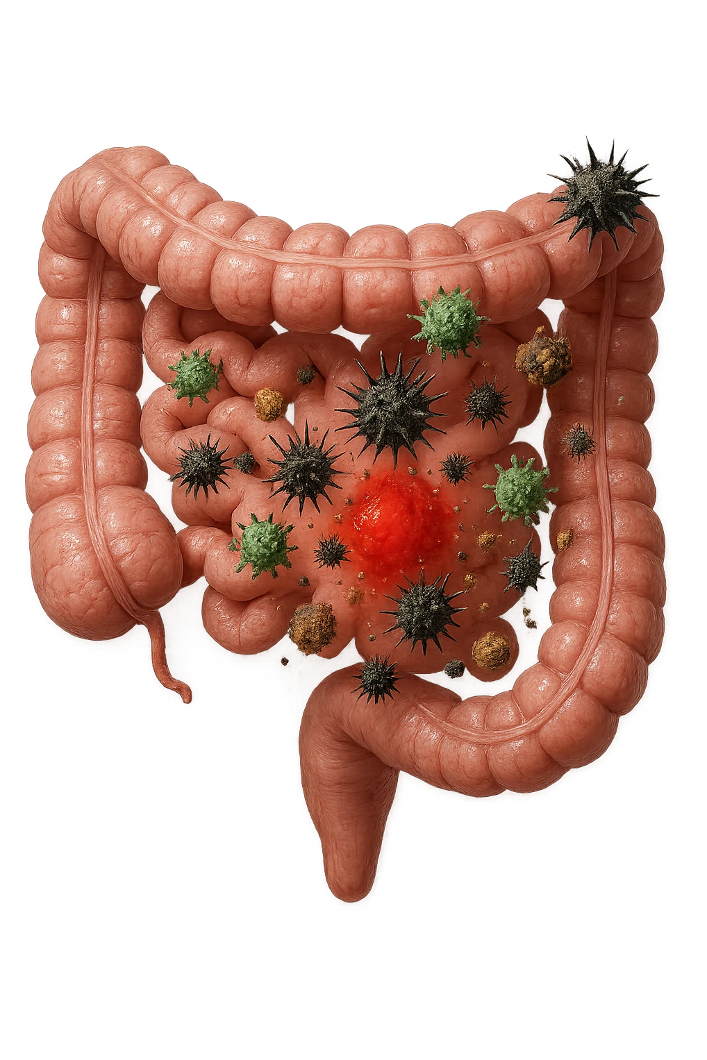 intestino anatomico realistico con red spot di infiammazione CON VARIE PARTICELLE TOSSICHE CHE CERCANO DI ATTACCARLO, IPERREALISTICO 4K emoji
