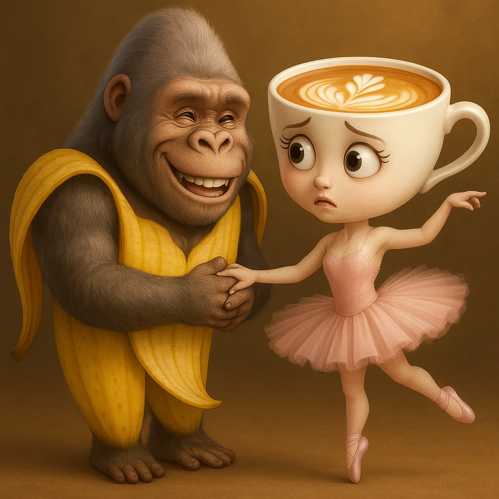 Edit the image to make the ballerina coffee cup character confused and the gorilla-banana character happy, keeping their original style, outfits, and colors exactly as in the reference image. emoji