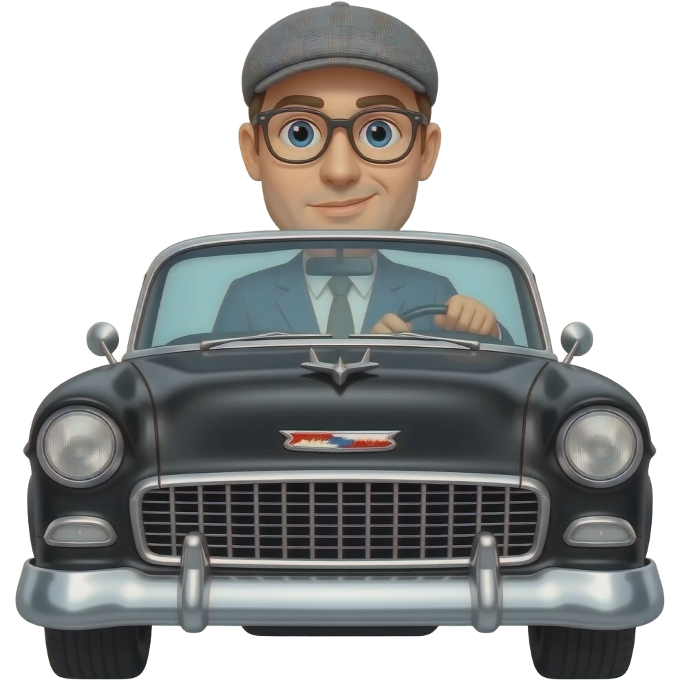 MAN WITH  NO FACIAL HAIR GLASSES AND FLAT CAP DRIVING BLACK 1955 CHEVY WITH emoji