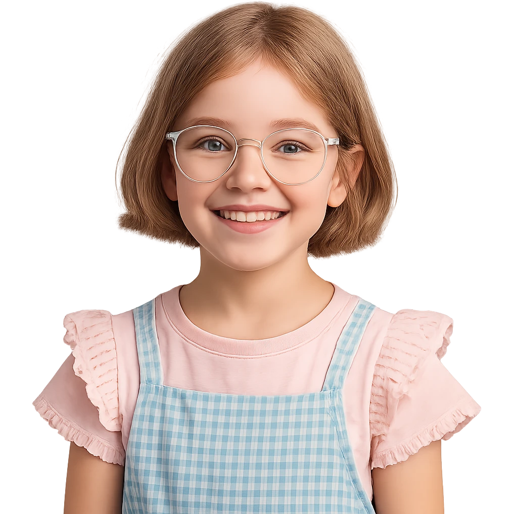 10 year old girl with clear glasses and short light brown hair, cute core style, smiling emoji