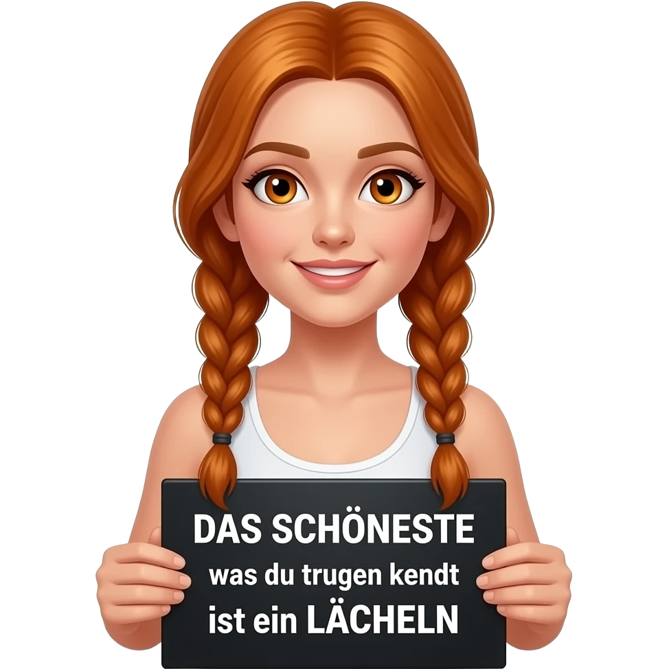 sexy girl with long ginger braids and ginger eyes wearing a white tanktop is holding a black sign with DAS SCHÖNSTE was DU tragen kannst ist ein LÄCHELN written on it emoji