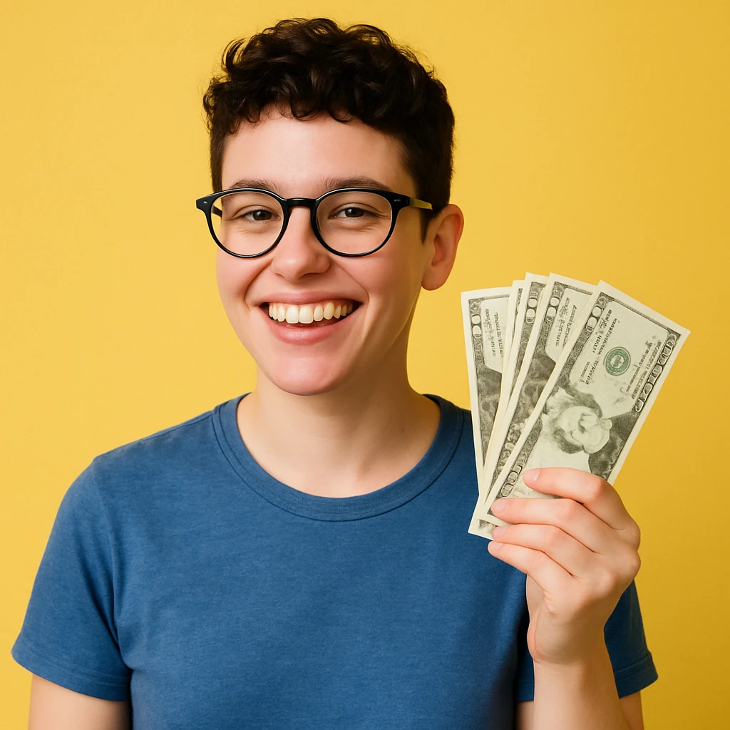 A smiling agender person with nerdy glasses, holding cash in one hand, androgynous look, casual style, happy vibe. emoji
