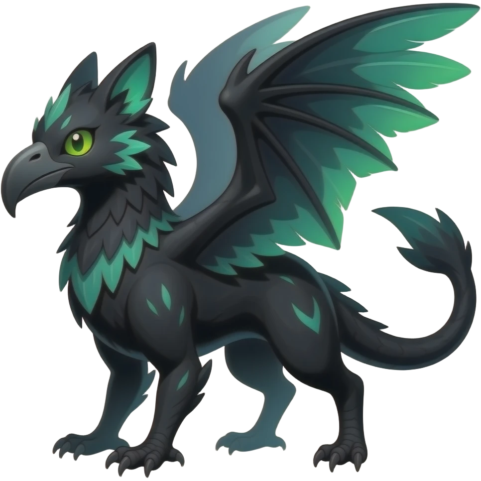 Black Dark Exotic Tropical Beaked Feathery Nocturnal Neon-glowing Abyssal Nightly Abyss-Cat-Gryphon-Salandit-Nargacuga-Silvally-Fakémon Creature (full body) emoji