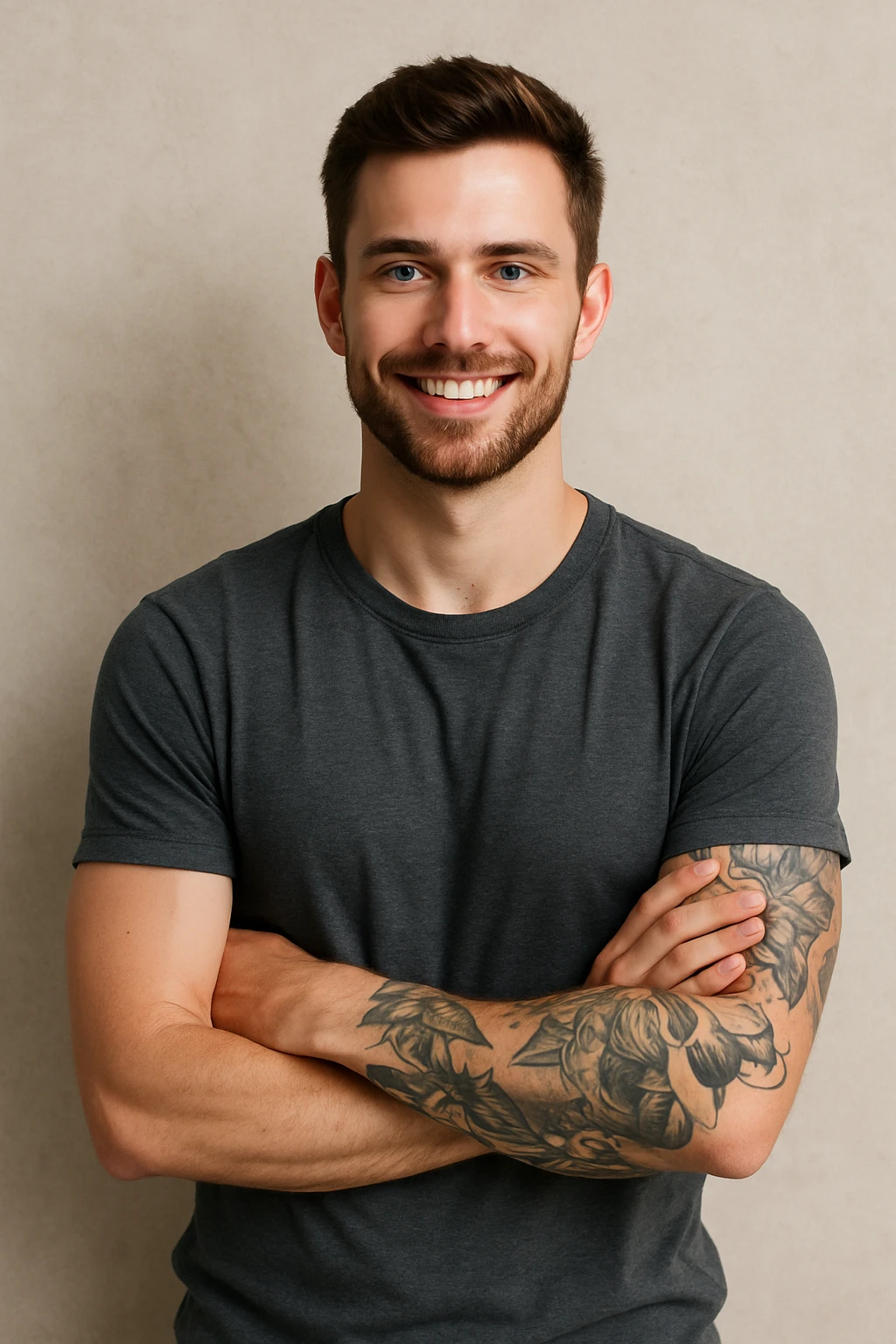 A confident 25-year-old man with blue eyes, brown hair, a short beard, arms crossed, smiling, and visible tattoos on his left arm. emoji