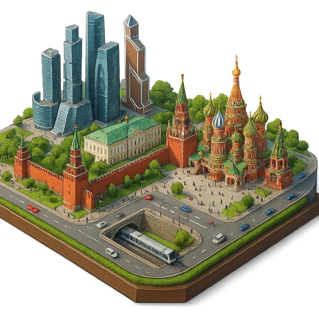 Изометричная миниатюрная фотореалистичная 3D модель Москвы на подставке - Кремль, собор Василия Блаженного, фотореалистичные Башни Москва-Сити, аккуратная детализация, четкие линии, яркие цвета, мультяшный реализм, гуляют люди и современный автотранспорт и метро, компактная композиция, вид сверху в изометрии, прозрачный фон emoji