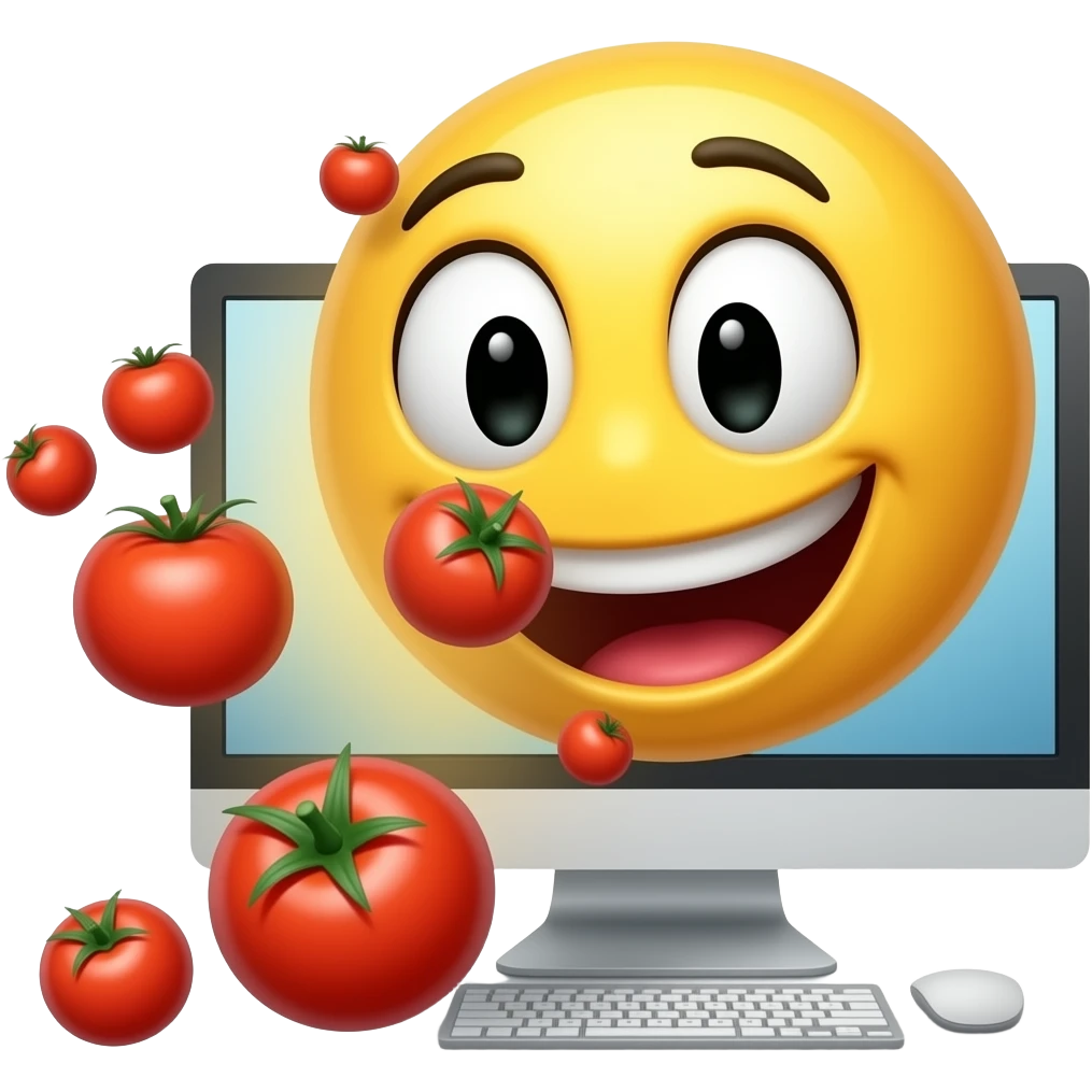 Yellow smiley throwing tomatoes towards screen in a mean way like bashing someone emoji