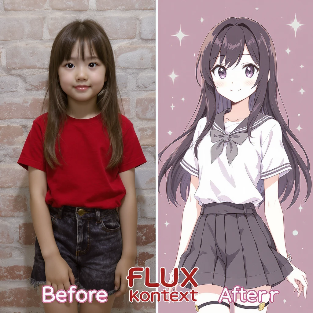 create before after image of a girl before is realsitic photo, after is anime version of her in same pose and clothes, add logo with text of a "FLUX Kontext Pro" emoji