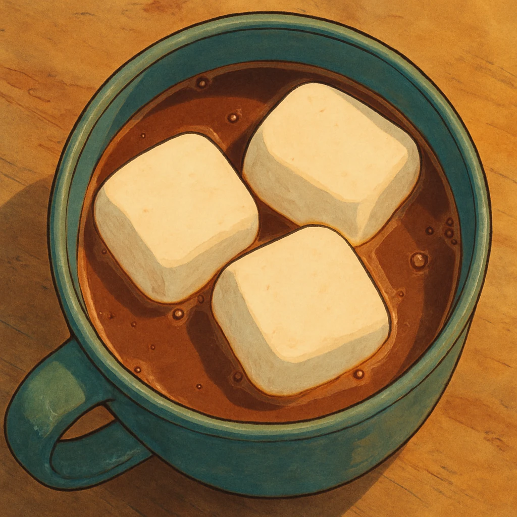birds eye view of hot chocolate mug with three big marshmallows in it emoji