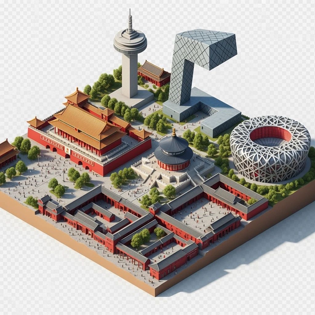 Isometric miniature of Beijing Forbidden City, Tiananmen Square, CCTV Headquarters, Temple of Heaven, Bird’s Nest Stadium and crowded hutong alleys, apartment blocks, 3D miniature effect and Tilt Shift effect, no cartoonish look, transparent background. emoji