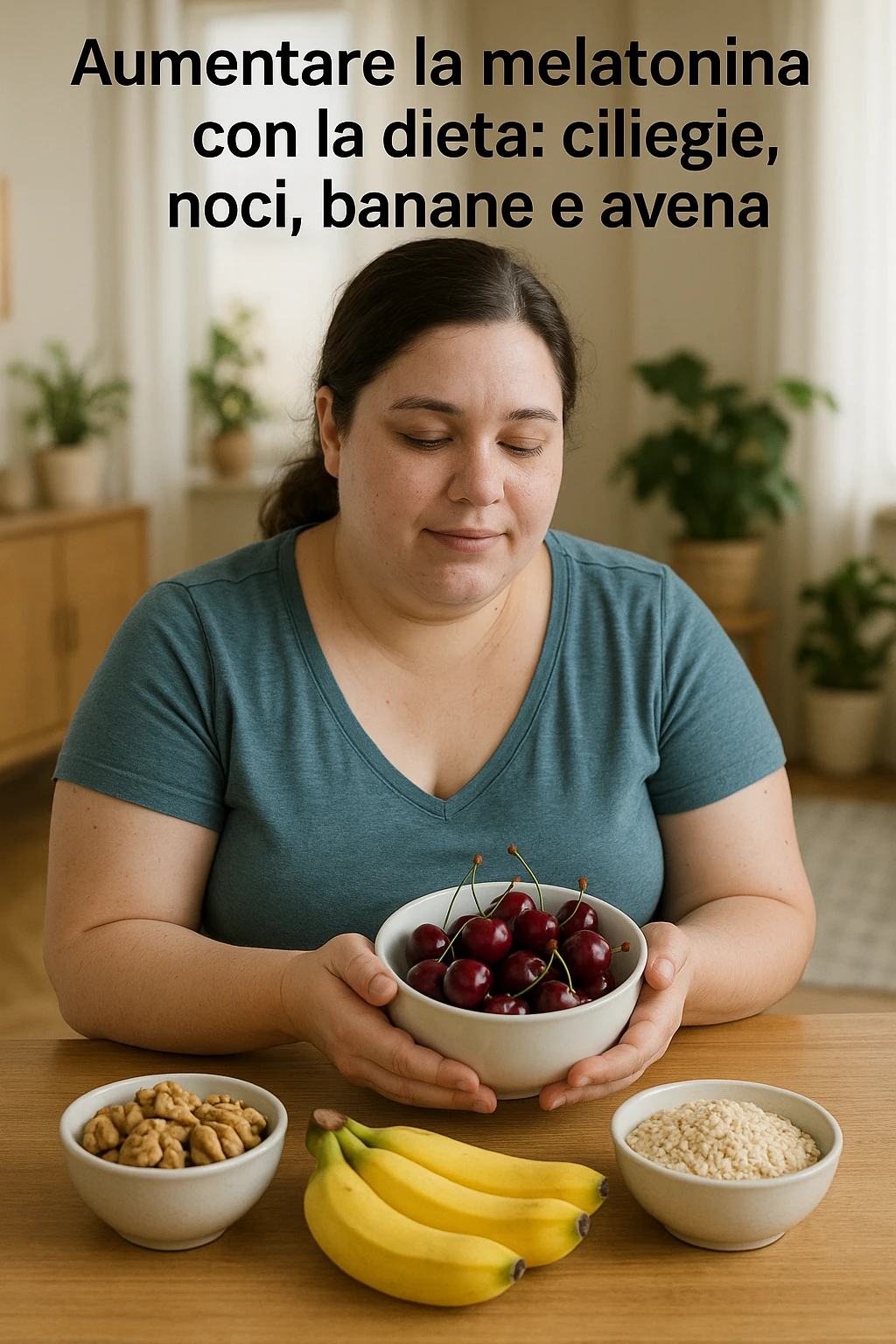 Donna con pcos che cerca di aumentare la sua produzione di melatonina con la dieta immagine realistiche in italiano emoji
