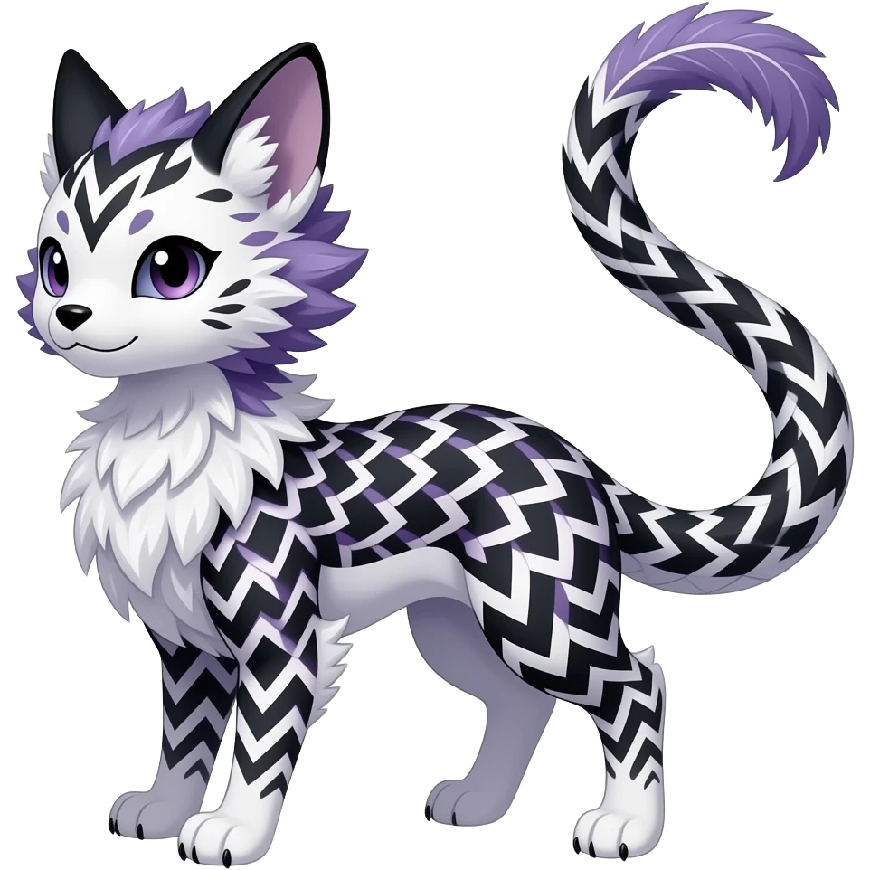 Slim elegant realistic Asian Furry, chevron-patterned feathery fluffy tropical flecked painted feathery scaly, Purple, white, black, Minccino-Bambino-Lykoi-Linoone-Zangoose-fusion-hybrid-animal-Fakémon-creature, full body, thin long sleek scaly tail, intricate markings emoji