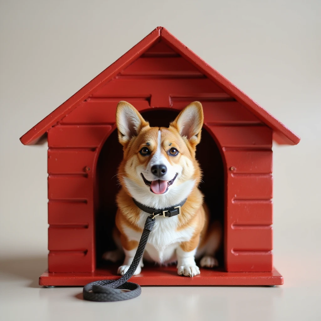 realistic red dog house with a Corgi dog inside, Corgi with a leash, photorealistic style emoji