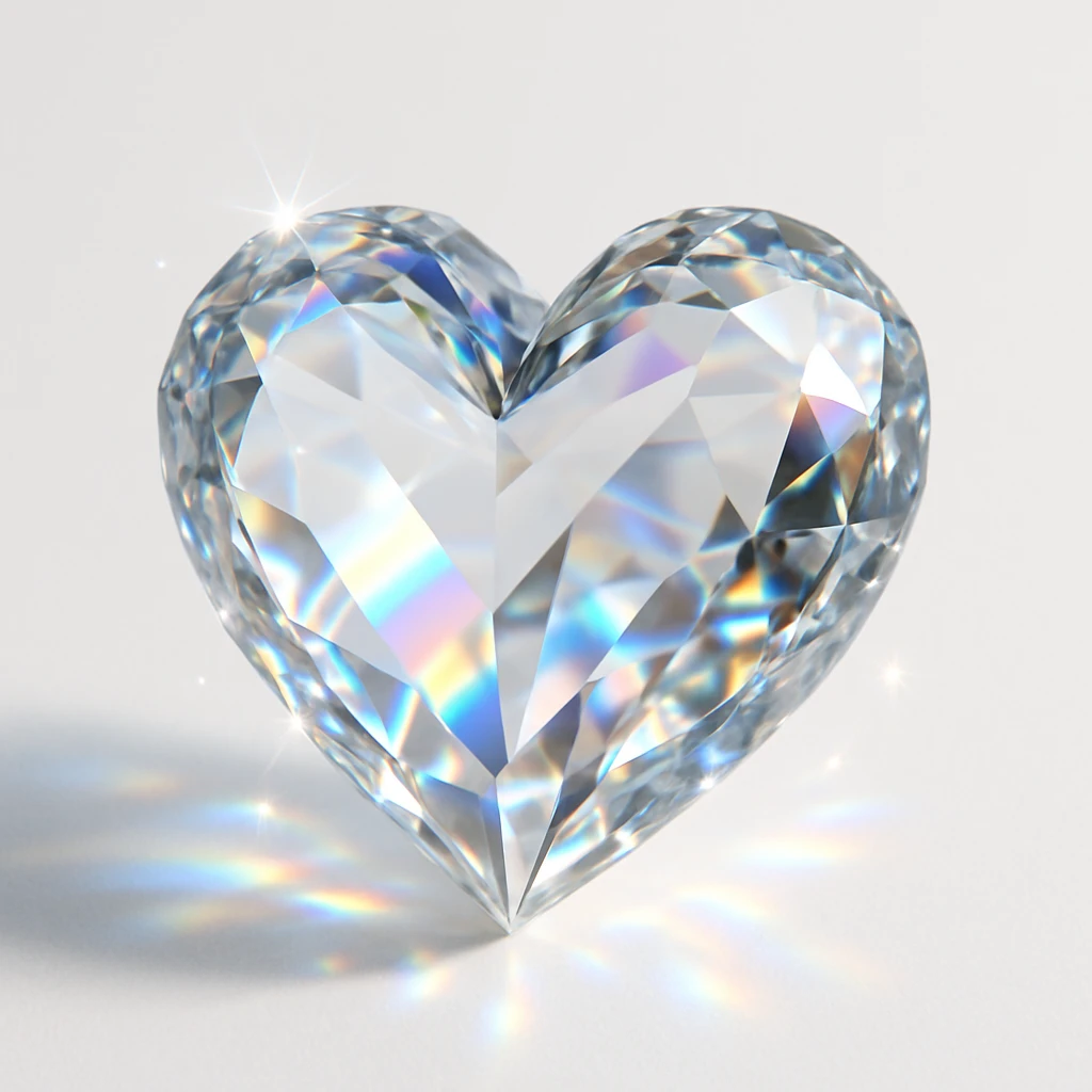 photorealistic crystal heart with sparkles and rainbow reflections, white clean background emoji