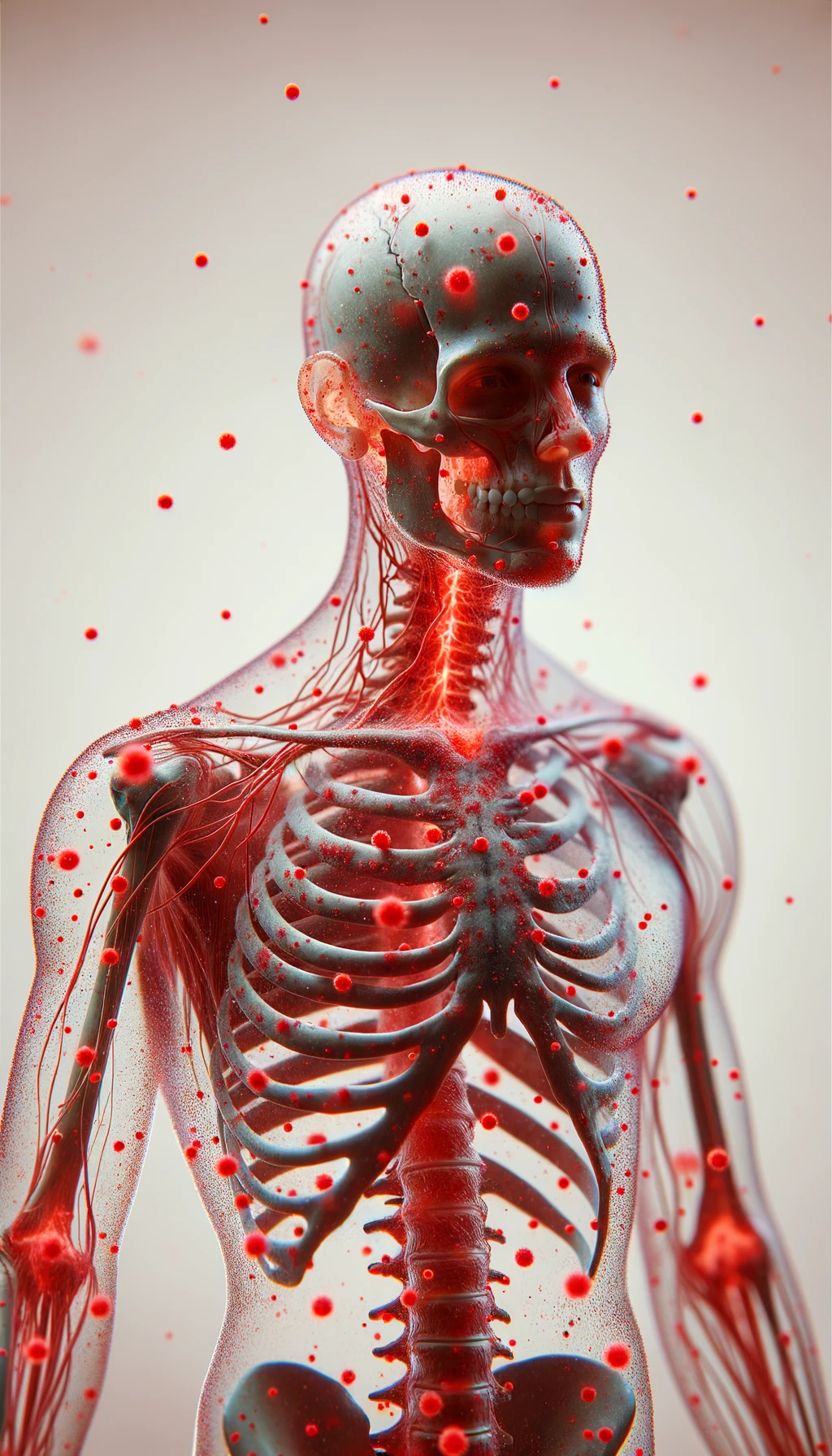 CORPO UMANO ANATOMICO CON RED SPOT DI INFIAMMAZIONE SPARSI SUL CORPO, SFONDO CHIARO, iperrealistico 4k emoji