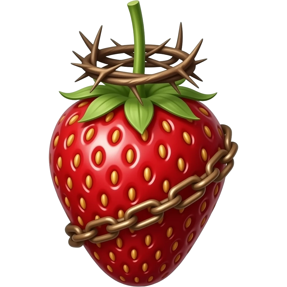 a single strawberry berry that has a royal crown instead of a stem. A crown of thorns and a rusty bronze chain wrapped around the strawberry emoji