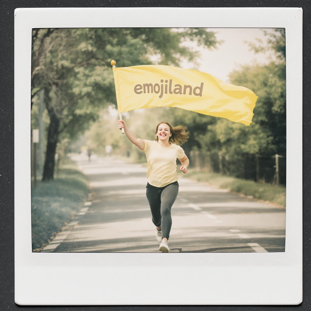 happy runner waving a flag that says 'emojiland' emoji