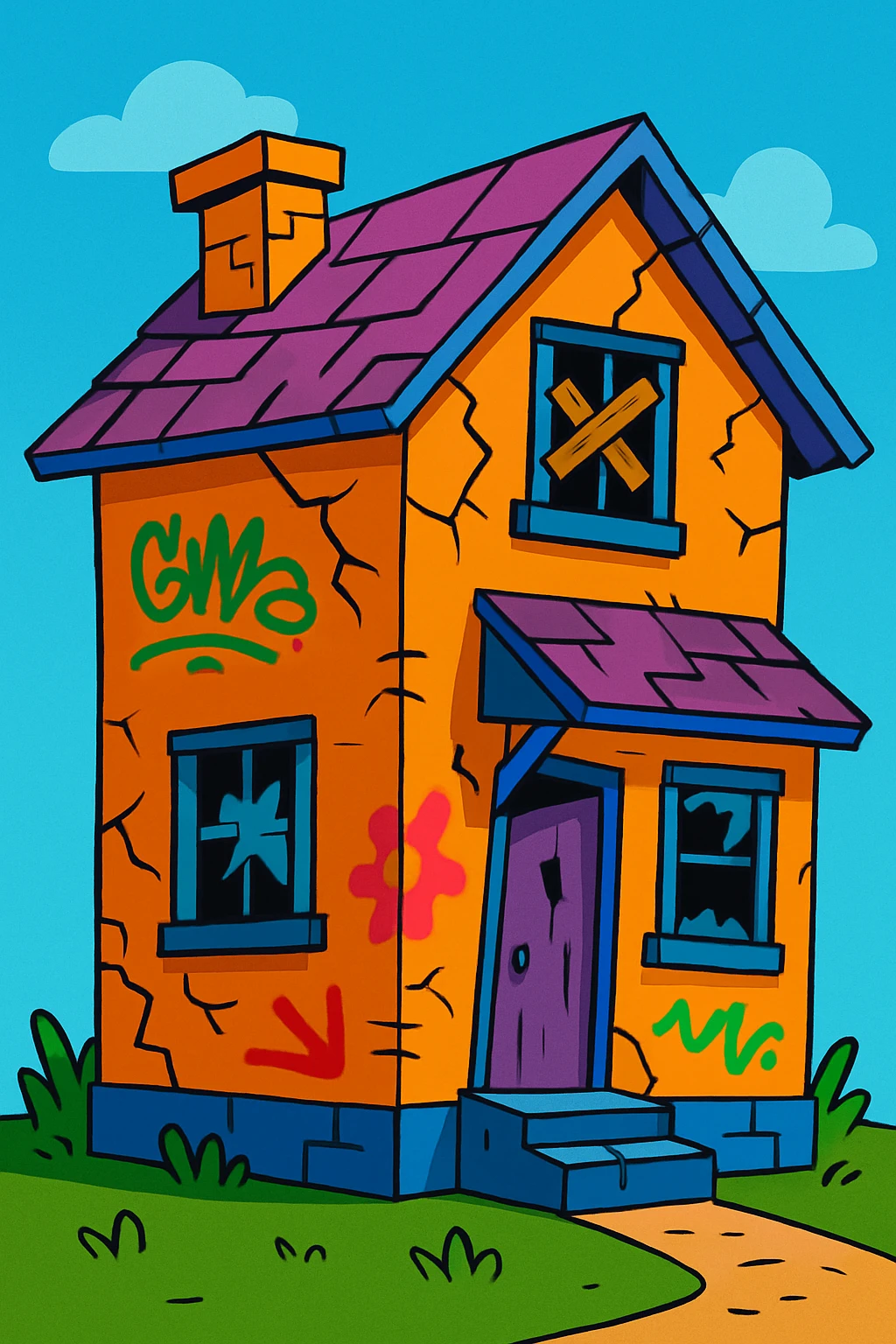 shabby house, vibrant toon style, exaggeratedly run-down, colorful graffiti emoji