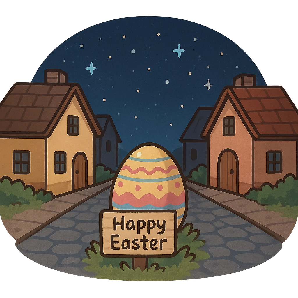 一个复活节的场景，一个街道，两边都是小房子，中间是一条街道，夜晚，星空 emoji