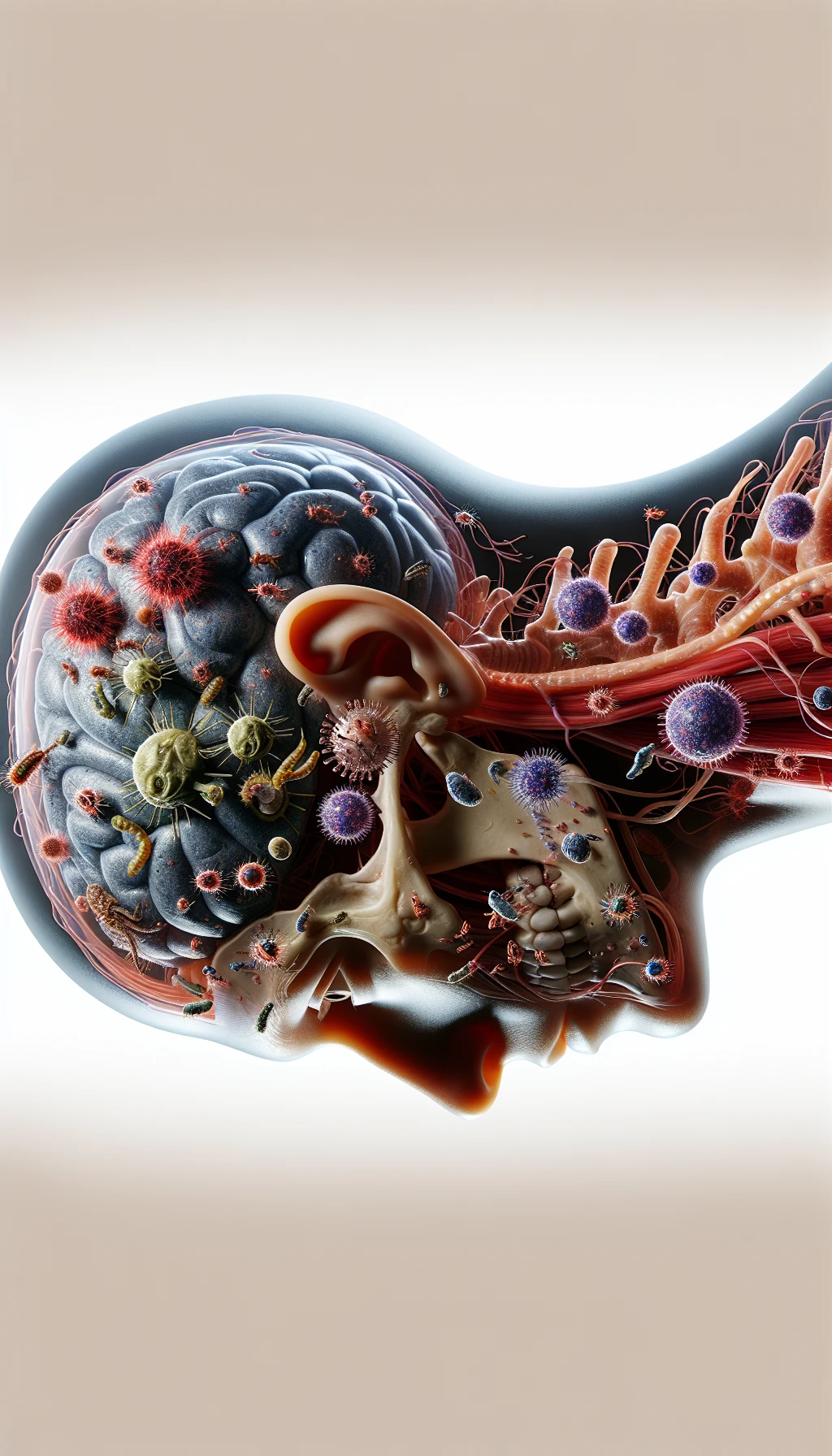 corpo umano anatomico di profilo con virus e parassiti che cercano di attaccarlo , isolato su sfondo bianco, iperrealistico 4k emoji