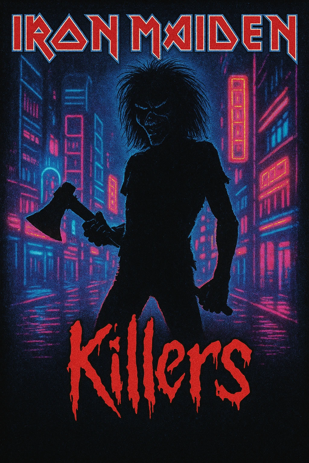 Iron Maiden 'Killers' inspired, Eddie silhouette with axe, neon city lights, retro 80s metal poster style emoji
