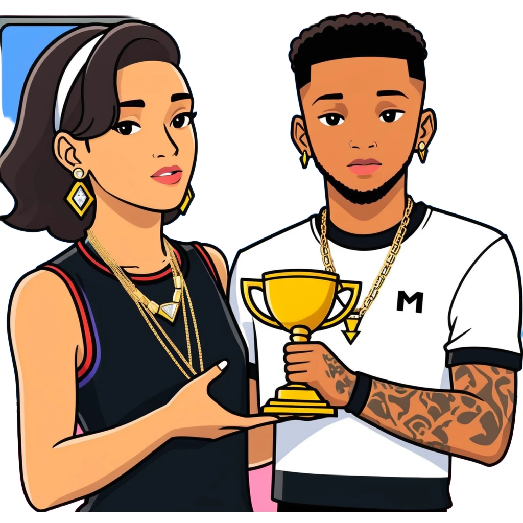 Internet celebrity Josh King Madrid jetset wearing shiny diamond earrings and sparkly iced out diamond tennis necklace chains with Instagram model girl tefi valenzuela sitting with him holding gold internet celebrity trophy on tv show in Miami emoji