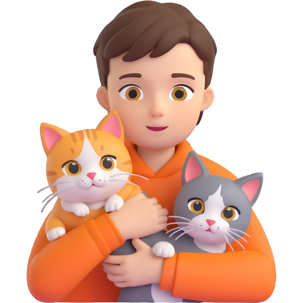 boy and cat pet in forrest background, close up pose emoji