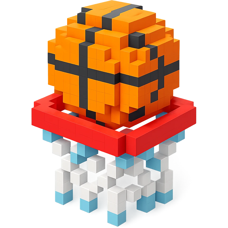 A voxel-style basketball in a net emoji