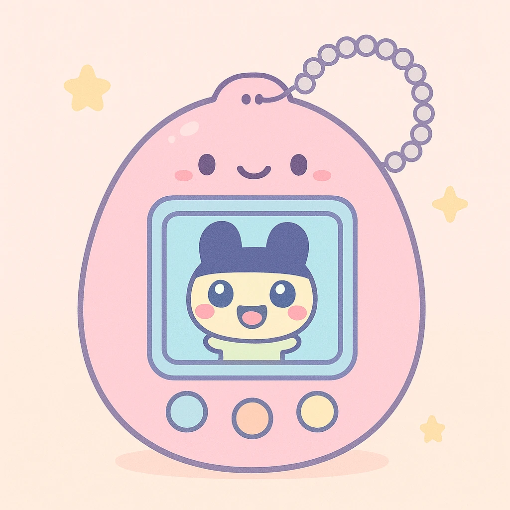Tamagotchi virtual pet device, kawaii style, pastel colors, egg shaped, three buttons, Mametchi on screen, keychain, adorable face on the device emoji