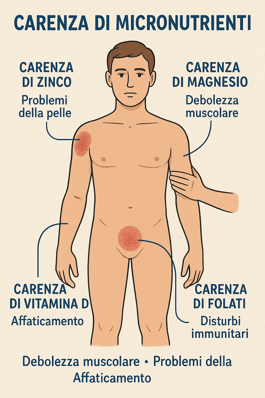 corpo umano in carenza di micronutrienti come zinco, magnesio, vitamina D, folati, in italiano emoji