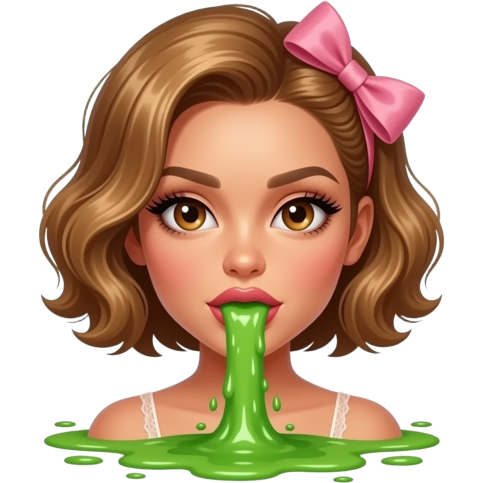 glamours,-tanned,-very-beautiful-woman-with-big-plump-rose-beige-lips,-long-lashes,-honey-silky-very short- hair,-wavy-hair,-with pink bow in hair -hazel-eyes-wearing-nude-lace-lingerie-nude-stilettos,-vommiting-green-puke emoji