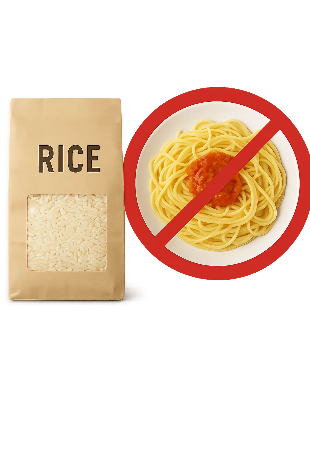 confezione di riso con accanto un piatto di pasta con divieto sopra emoji