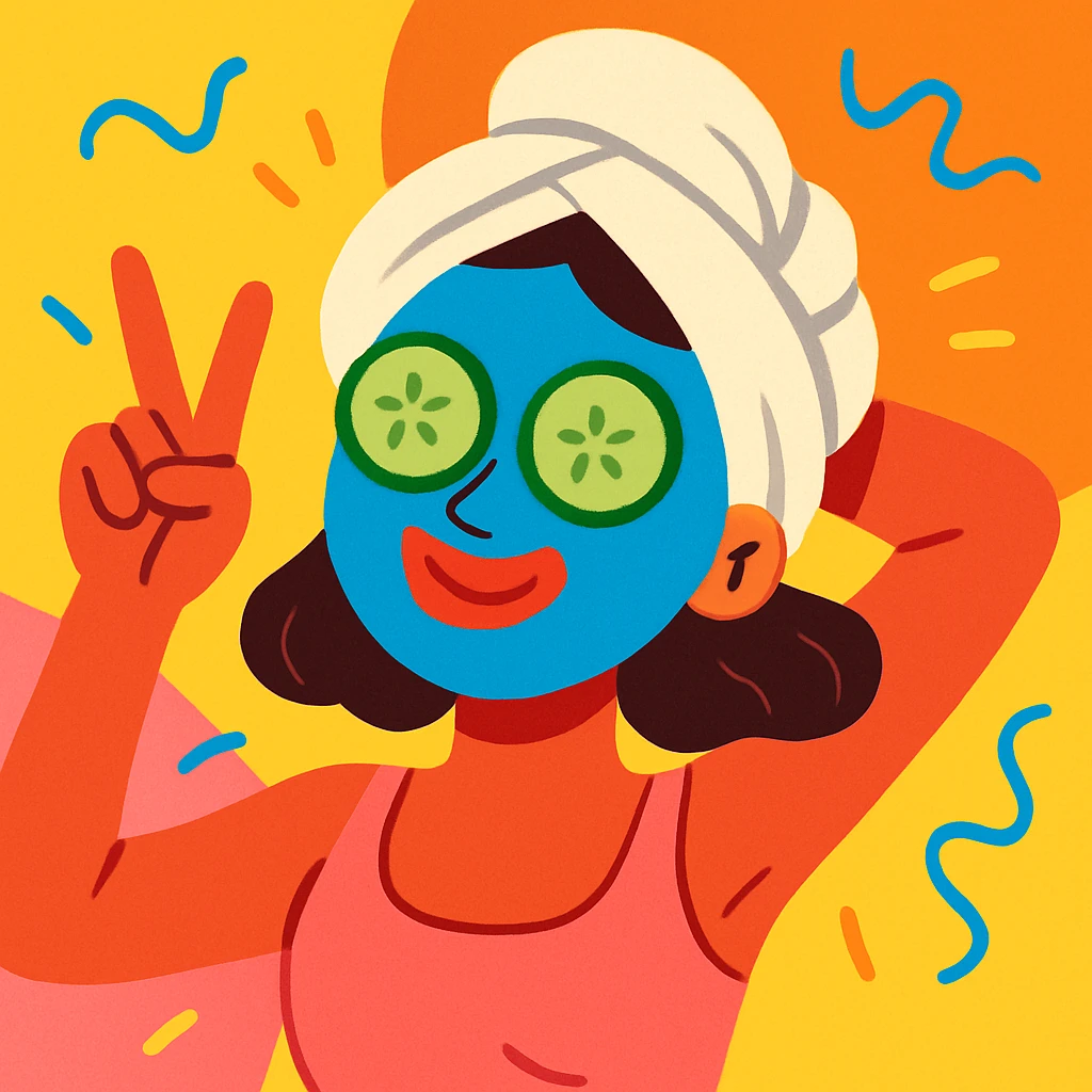 lady with a blue spa face mask, cucumber slices on eyes, relaxing, playful, vibrant colors emoji