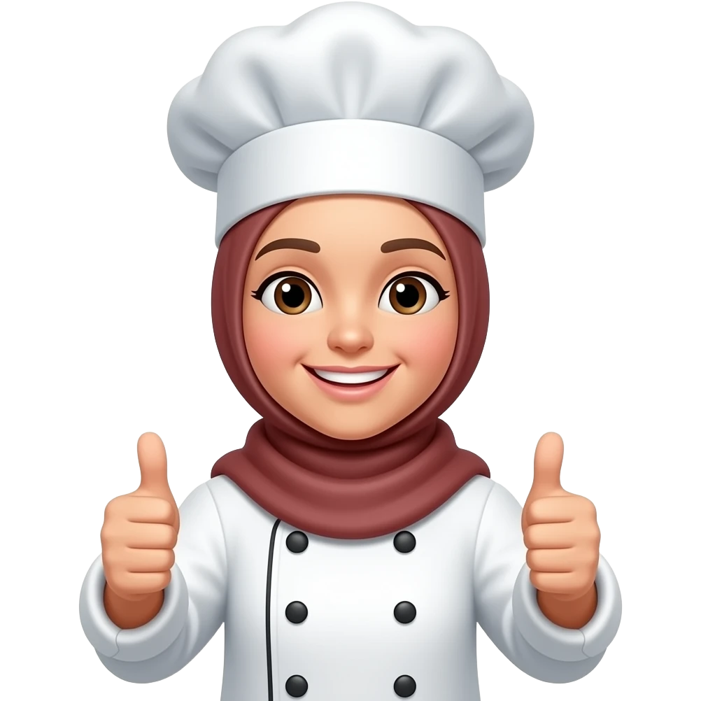 Buatkan koki berhijab yang tersenyum dan kedua tangannya menunjukkan jempol emoji