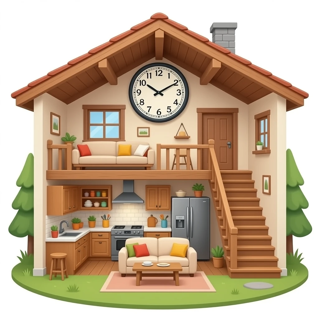 me una casa gran per dintre, on es vegi una cuina una sofa i unes escales, ha d'haver un rellotge gran de paret, .Ha de ser molt acollidora, ha de ser moolt rustica rustica, el rellotge..El rellotge ha de tocar el terra. emoji