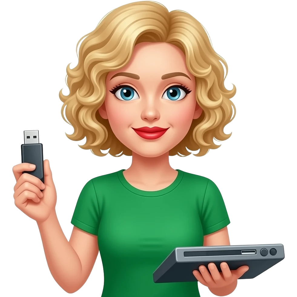 short blonde tight curly hair bob with a USB and DVD player in a green short sleeve shirt and red lipstick emoji