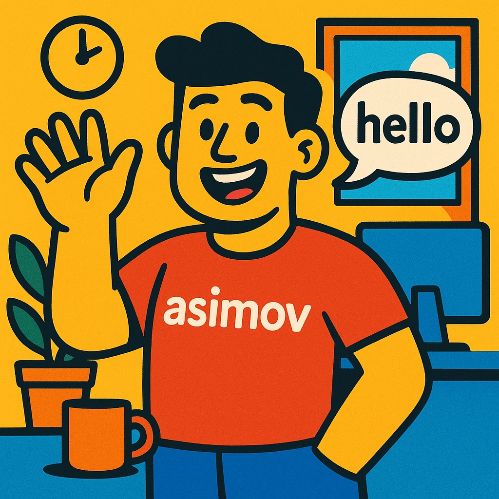a cheerful office worker in a red 'asimov' t-shirt, waving hand, speech bubble with 'hello', vibrant toon style emoji