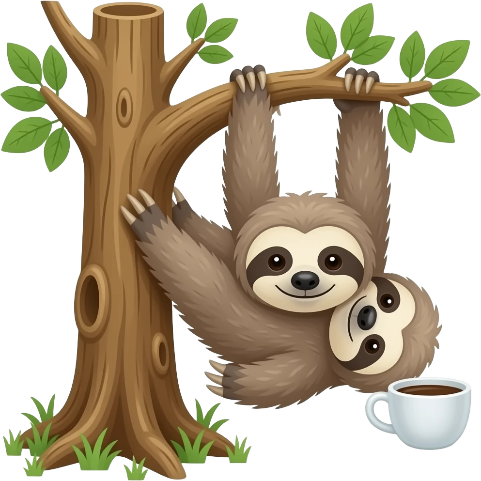 hanging sloth big tree drink coffee hanging emoji