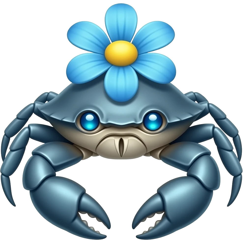 A blue crab with one blue flower a on its back with glowing blue eyes facing forward emoji