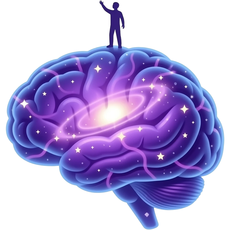 purple brain shaped like a mini galaxy, glowing neural connections, tiny stars inside, small human silhouette standing on top or reaching toward it, futuristic and cute, transparent background emoji
