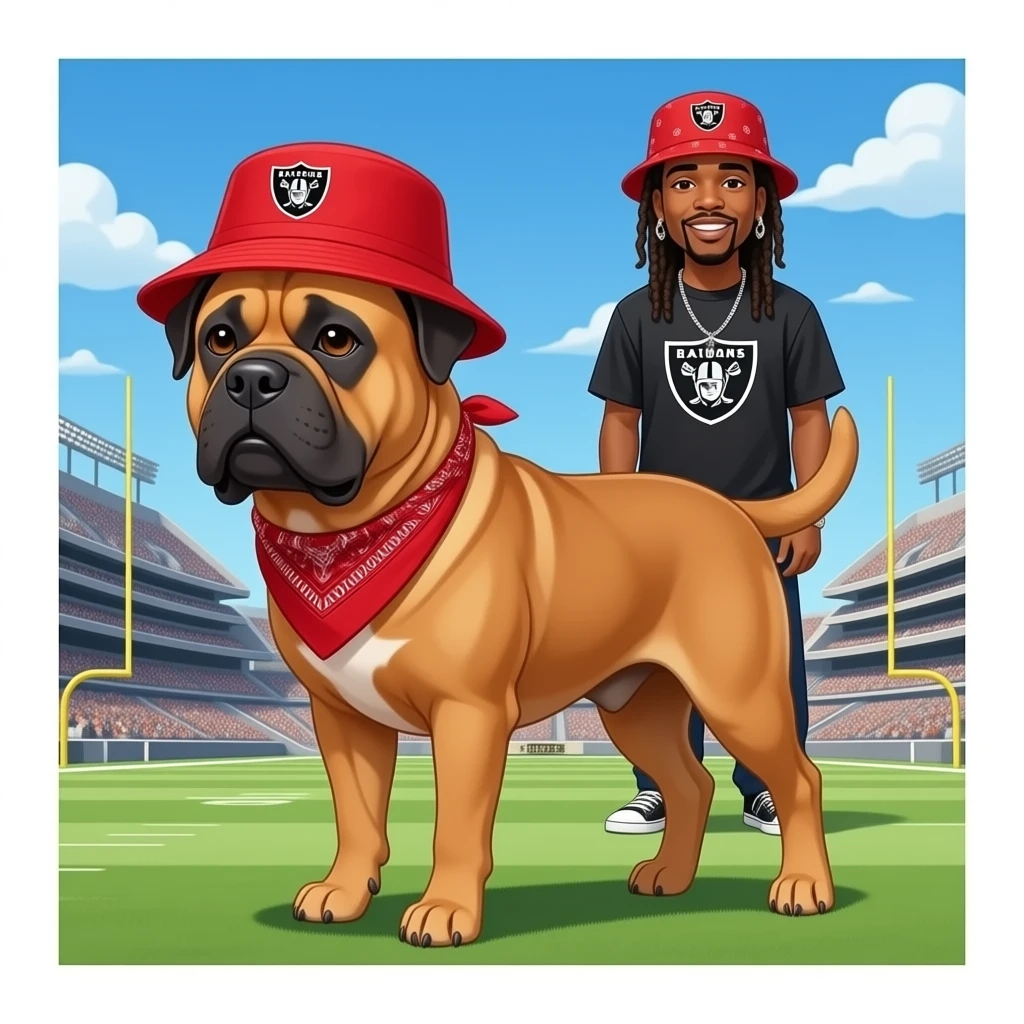 A cane Corso fawn color clipped ears, chopped tail , as Roman war dog standing in front of the Oakland Raiders stadium with 2 pac with his eye ironic red bandanna tide on his head, the hip-hop, rapper, iconic, dreadlocks, and bucket hatstanding in the background emoji