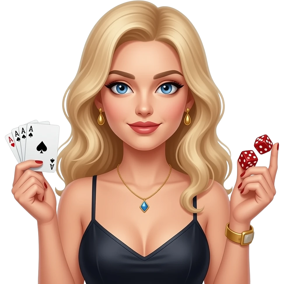 Sexy girl, blonde, blue eyes, slavic, spaghetti strap, gambler, dice, cards emoji