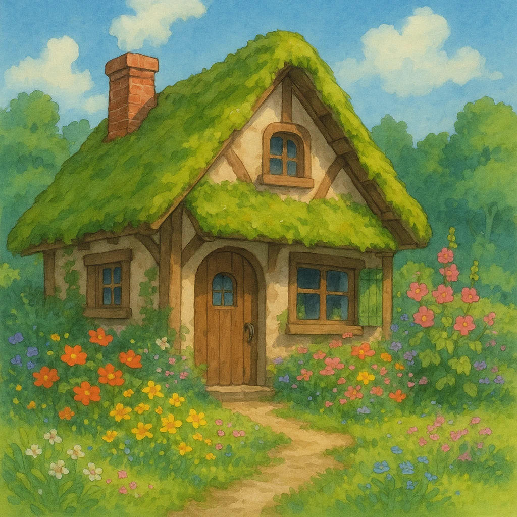 a small cottage with a mossy roof and flowers, ghibli style emoji