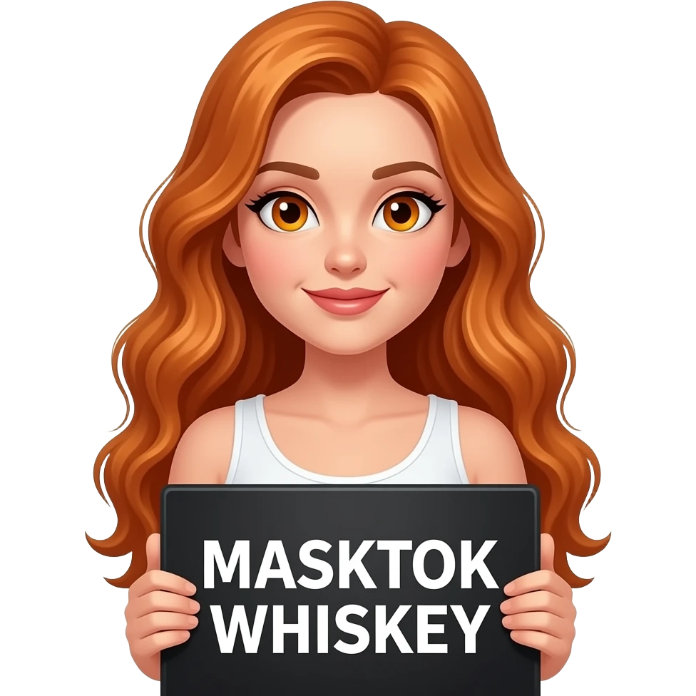 sexy girl with long wavy ginger hair and ginger eyes wearing a white tanktop is holding a black colored sign with MASKTOK WHISKEY written on it emoji