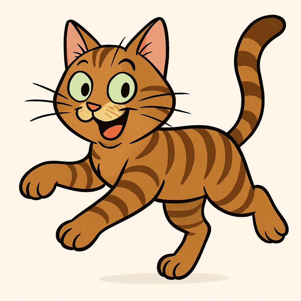 Transform the jumping European shorthair cat into a tabby cat in a cartoon style with a playful expression, keeping the white background. emoji