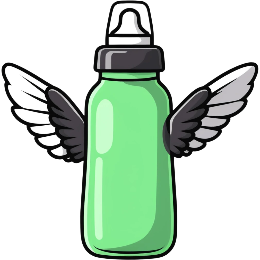 flying baby bottle with milk, wings, cartoon style emoji