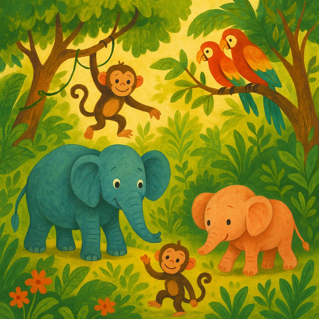 digital illustration of jungle safari in the style of children's story book emoji