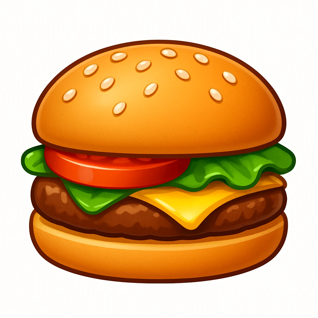 A classic single patty hamburger emoji,, glossy and colorful. Soft rounded bun with sesame seeds, one beef patty, fresh lettuce, ONE tomato slice, melted cheese, realistic but cartoonish look, clean white background emoji