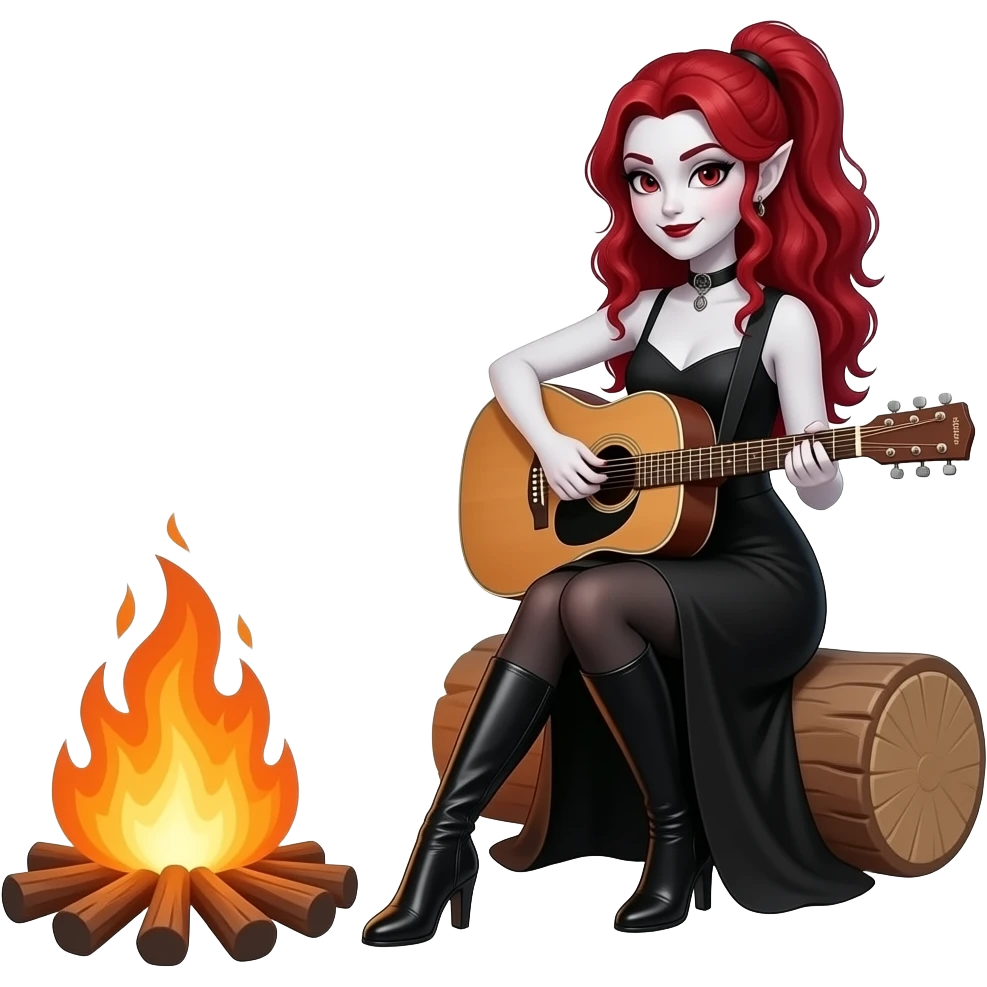 Vampiro femmina ADOLESCENTE con pelle bianca e capelli rosso ondulati lunghi raccolti in una mezza coda che indossa un vestito  lungo fino ai piedi nero e stivali lunghi con tacco neri che sta suonando una chitarra di legno seduta davanti a una falò con le sue 4 amiche FEMMINE VAMPIRO emoji
